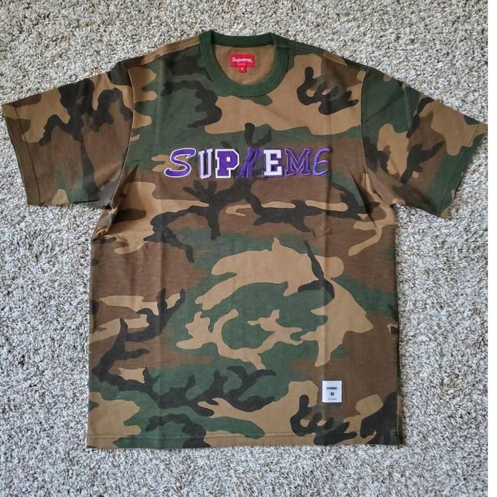 Supreme Mens Graphic T-Shirt Green Brown Camouflage Spell Out Crew Neck M New
